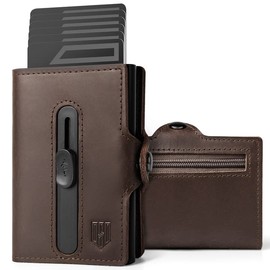 DODENSHA Pop Up Wallet Card Holder with Cash Pocket, Men's Genuine Leather Slim Credit Card Holder, RFID Blocking Wallet for Men with Coin Pocket & ID Window (Espresso, 7+ Cards)