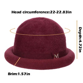Women Winter Knit 1920s Vintage Bucket Bowler Hat Ladies Round Brim Warm Wool Cloche Hat Elegant Church Dress Hat Wine Red Hat