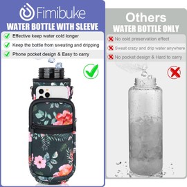 Fimibuke 32 oz Water Bottle with Sleeve - BPA Free Leakproof Sport Large 1L Plastic Motivational Water Bottle with Straw Strap Insulated Neoprene Holder Carrier Bag for Women Men (A9.Retro Rose)