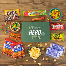 Military Movie Night Snack Box - Popcorn, Candy, Chocolates, Chips Full Size 11 Item Variety Pack (M&Ms, Sour Patch Kids, Starbursts, Airheads) Barracks Assortment - My Hero Crate
