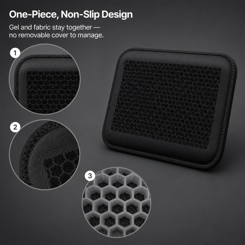 Gel Seat Cushion, Breathable Honeycomb Pad, Black, 16.5 x 13