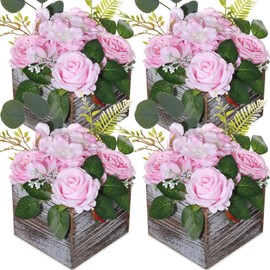 Hoteam 4 Set Artificial Flower Centerpiece Table Decoration 8" Flower Arrangement with Wooden Vase Roses Peonies Hydrangeas in Pot Rustic Wood Planter Box for Table Wedding Dining Room(Pink)