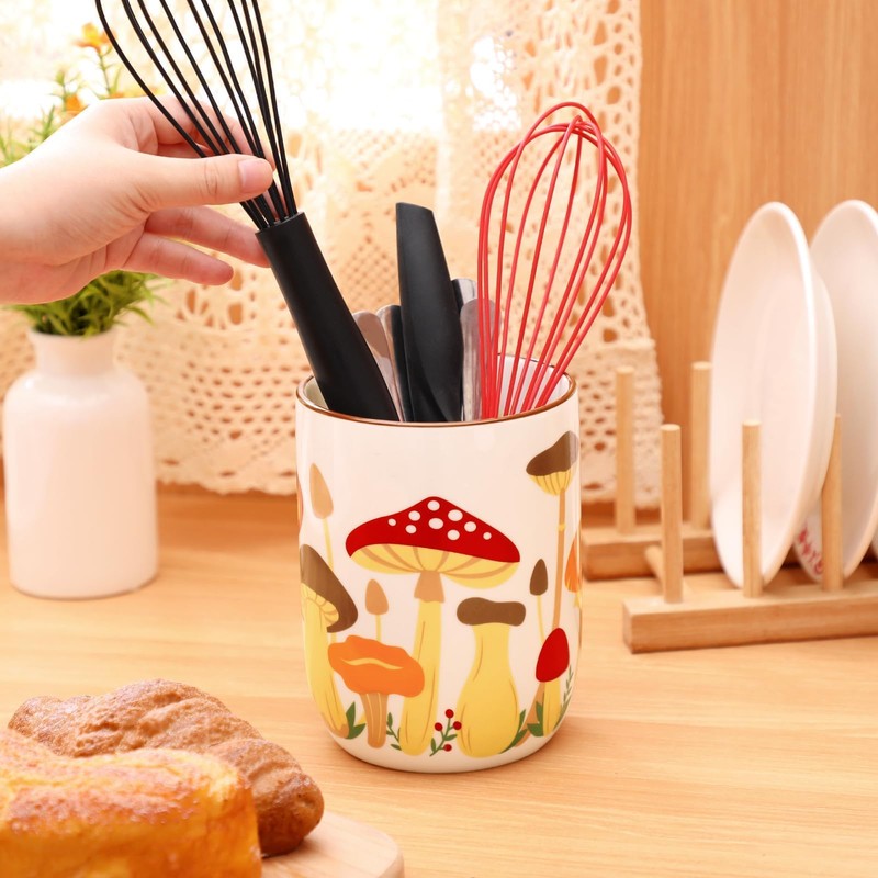 Nefelibata Mushroom Ceramic Utensil Holder Rustic Functional Utensil Crock Kitchen