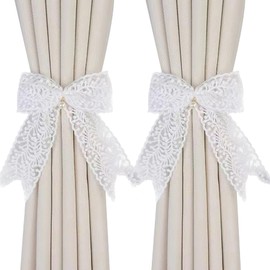 White Curtain Tie Backs - Elegant Lace Bow Curtain Tie Backs, Romantic Floral Bow Decor for Living Room Bedroom, Pearl Lace Snow Organza Holdbacks, White Bowknot Lace Ribbon, Light Beige Home Decor