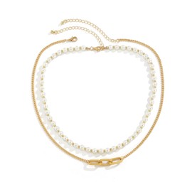 Pearl Necklace for Women Pearl Necklaces Gold Cable Necklace Chain Silver Pendant Necklace Alloy Necklace Pearl Choker Multi-Layer Necklaces Lobster Claw Clasp Jewelry for Women Girl Brides (Gold)