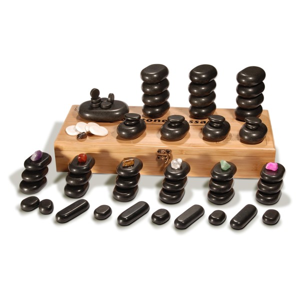 Master Massage 70-Piece Deluxe Hot Stone Massage Stone Set Kit Package for a Full Body Massage with Black Lava Volcano Basalt Rock, White Marble Cool Cold Stone and Chakra.