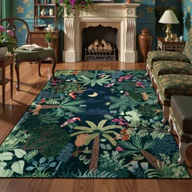 LIVEBOX Washable Jungle Dark Green Rug 5x7 for Living Room, Non-Slip Kids Bedroom Aesthetic Rug for Boy Play Room, Soft Stain Resistant Botanical Rugs for Nursery Dining Decor