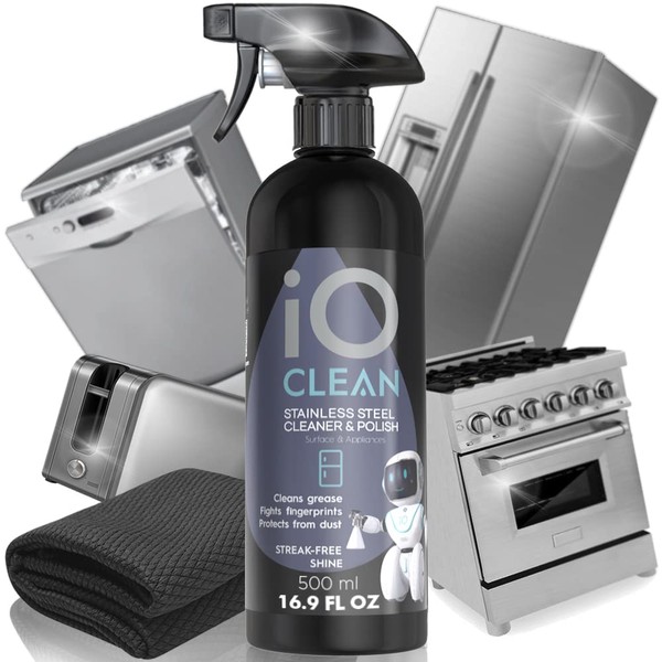 iO CLEAN Limpiador y pulido de acero inoxidable (16.9 onzas líquidas) – Protege de huellas dactilares – Paño de microfibra – Uso para frigorífico, microondas, estufa, lavavajillas, parrilla – Brillo premium