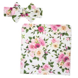 2pcs Newborn Infant Swaddle Wrap and Bow Headband Set Printed Baby Wrap for Photography Soft Cotton for Newborns and Baby Showers