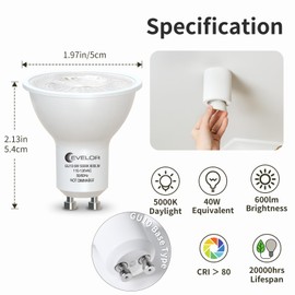 evelor GU10 LED Light Bulb,40 Watt Equivalent Daylight White 5000K,Non-Dimmable,Efficient 6W,600 Lumens 2 Prong Track Light Bulbs,20000 Hours,Ideal for Kitchen,Range Hood,Living Room, 6-Packs