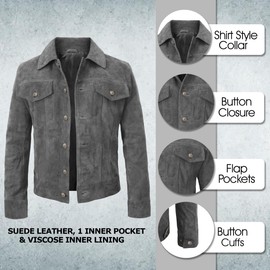 LP-FACON Men’s Grey Trucker Suede Leather Jacket - Cowboy Western Style Jackets For Men