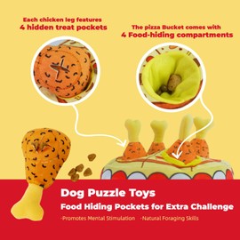 Squeaky Chicken Dog Toy with Hide & Seek Food Pockets & Pizza Tub - Interactive Plush Puppy Toys for Mental Stimulation, Boredom Relief & Training (4 Chicken Legs Included)