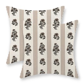 GOLIANDA Floral Pillow Covers 18x18 Inch Set of 2 Block Print Brown Throw Pillows Vintage Flower Boho Outdoor Decorative Pillow Cases Striped Farmhouse Linen Cushion Case for Couch Sofa Home Decor