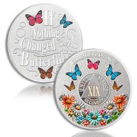 YRCKUDZKG Colorful Sunflower 19 Year Sobriety Coin Butterfly Nineteen Year Sobriety Chip Courage to Change AA Chips and Medallion Silver AA Coin Recovery Anniversary Token Sobriety Gifts for Men Women
