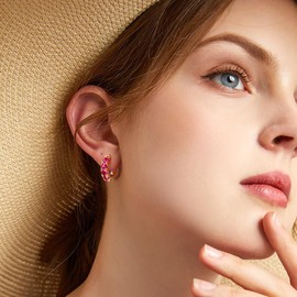 GLOQUAT 14k Gold Plated Fuchsia Cubic Zirconia Hoop Earring for Women Sterling Silver Post Cuff Earrings Huggie Stud for Women Hypoallergenic Trendy Jewelry Gift Birthday Anniversary Wedding Earring