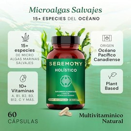SEREMONY | Multivitamínico Vegano a base de Microalgas Marinas Salvajes - 60 Cápsulas - Mezcla de Microalgas con Vitaminas A, B, C y E, Aminoácidos Es