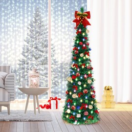 FHOZGECY Pop Up Christmas Tree, 5FT Collapsible Christmas Tree with 30 LED Multicolor Lights, Tinsel Pencil Tree with Ball Bowknot Gift Box for Indoor, Party, Xmas, Home,Office Decor