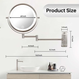 Wall Mounted Makeup Mirror with Lights- 3 Color Lighting Modes- 1x/10x Magnification 8" Double-Sided High Definition Vanity Mirror with 360 Degree Swivel Extendable Arm Cosmetic Mirror (Nickel)