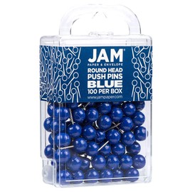JAM PAPER Colorful Push Pins - Round Head Map Thumb Tacks - Blue Pushpins - 100/Pack