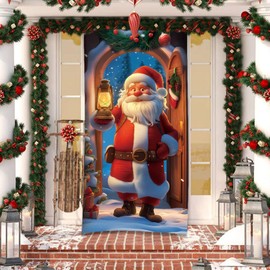 LOKIPA Christmas Door Cover, Christmas Door Decorations Front Door Christmas Cover Christmas Santa Claus Door Cover Santa Background Banner for Christmas Holiday Decor (35.4X70.9Inch)