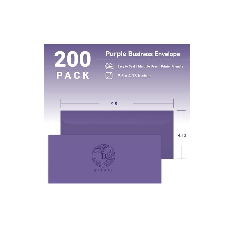 Business Envelops, 200-Pack #10 Purple Envelopes, Standard Square Flap, Gummed