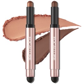 FOCALLURE 2PCS No Crease Eyeshadow Stick,Shimmer and Matte Cream Eyeshadow Pencil Crayon,Long Lasting Waterproof Eye Brightener Stick With Blending Brush,Alloy Steel