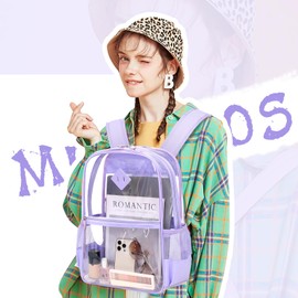 MUSEVOS Clear Backpack, Heavy Duty See Through Backpacks for Travel, Work, Security, Concerts, College Transparent PVC bookbags Stadium Approved, Purple