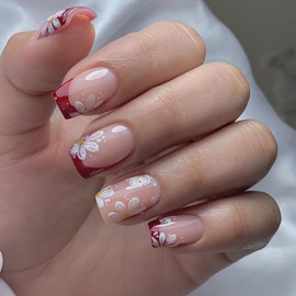 Flower Press on Nails Short Square Fake Nails Spring Summer White Daisy Red French Tip Nails Design Nude Acrylic Nail Glue on Nails Artificial Flower Stick on Nails for Women 24Pcs (Style 05)