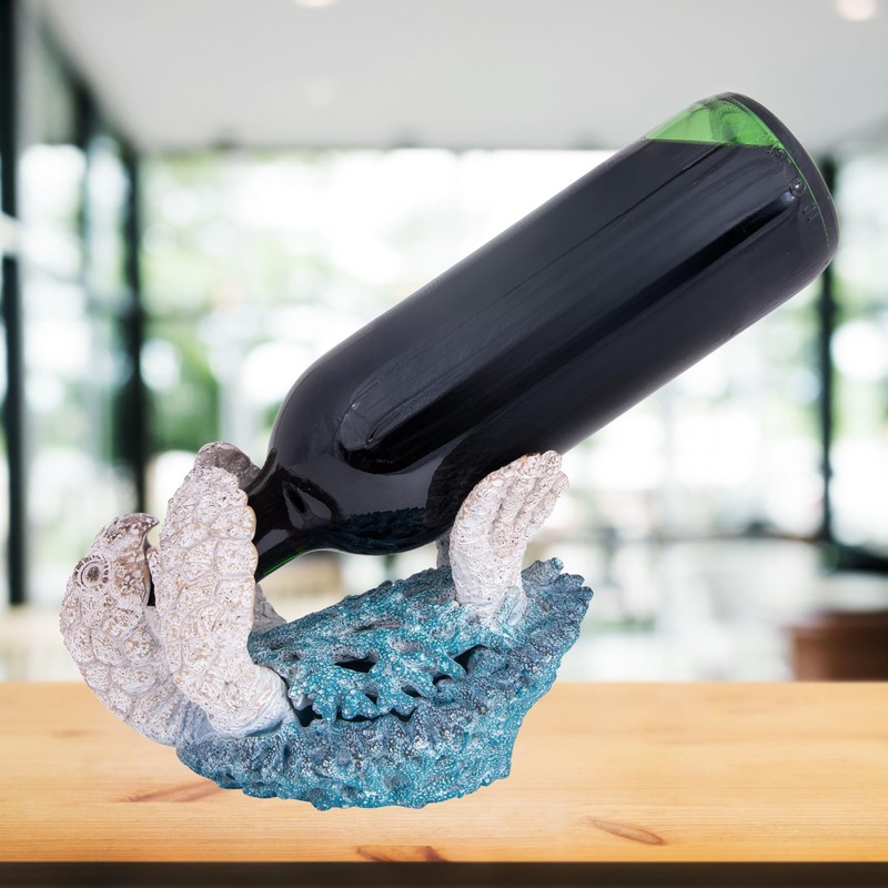 Decorative Sea Turtle Wine Bottle Holder, Beach House Decor (Aqua)