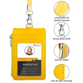 Teskyer Badge Holder with Side Zip Pocket, Multiple Card Slots Leather ID Holder Wallet with Neck Lanyard for Office Staffs, Teachers/Students, Workers, Cruise Cards, Bus/Metro Cards, Bright Yellow