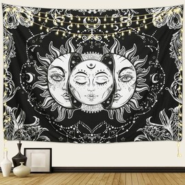 ARFBEAR Sun and Moon Tapestry, Burning Sun with Stars Psychedelic Popular Mystic Wall Hanging Tapestry Black and White Beach Blanket (59 x 59 in)