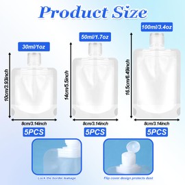 Travel Bottles Pack of 15 Refillable Empty Squeeze Bags Leak-Proof Travel Bottle Set, Travel Size Container for Filling 30/50/100 ml, Portable Travel Fluid Make-Up Packaging Bag, for Shampoo Lotion