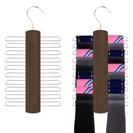 2 Piece Wooden Tie Hanger, Swivel Tie Racks, Tie Belt Rack, with 20 Metal Partitions and 360 Degree Rotating Clothes Hook, for Hanging Belts, Tie, Scarves, Neckties and More (Walnut Color)
