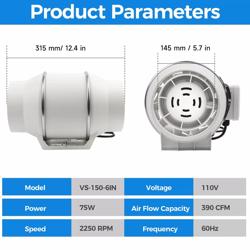 Voltset 6 Inch Duct Fan - 390 CFM Inline Ventilation