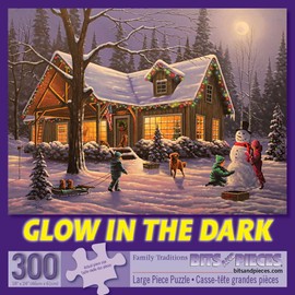 Bits and Pieces - 300 Large Piece Glow in The Dark Puzzle for Adults - Family Traditions by Artist Geno Peoples - Winter Christmas Cabin - Holiday - 300 pc Jigsaw