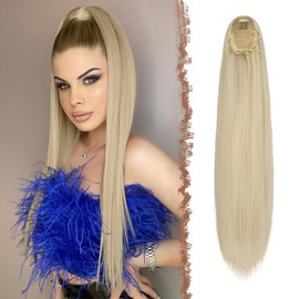 FESHFEN Straight Drawstring Ponytails Extension Long Straight Pony Tails Natural Synthetic Hairpiece Clip in Ponytails Hairpieces for Women, Light Blonde 28 inch