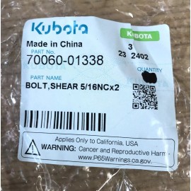 KUBOTA SHEAR PIN PACK OF 5 FOR TRACTOR 2 STAGE SNOWBLOWER ATTACHMENT 70060-01338