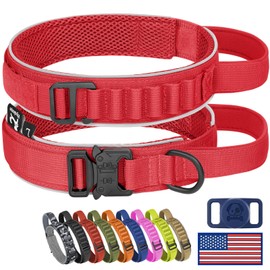 HYDEME Tactical Dog Collar, Alpine Loop Adjustable Military Training Nylon Dog Collars with Handle and Reflective for Small Medium Large Dogs, with Airtags Protective Case & Patches.(M,Red)