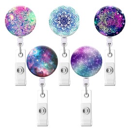 Retractable ID Badge Holder Nurse Badge Reels with Clip Name Card Holders for Office Worker Doctor Nurse (5 Pack Mandala Starry Sky)