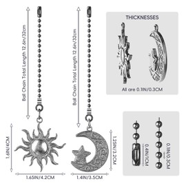 SHIFANQI 2 Pack Ceiling Fan Pull Chain, Sun Moon Fan Pull Chain Extension, 12 Inches Decorative Chain Pulls Ornaments for Ceiling Light Lamp, Beads Ball Pull Chain Extender with Connector, Silver