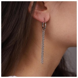 Inateannal Vintage Tassel Chain Earrings Silver Fringe Chain Earrings Long Chain Dangle Earrings Punk Thick Chain Huggie Hoop Earrings Jewellery for Women and Girls, Alloy Steel
