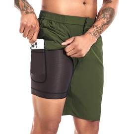 difficort Mens Swim Trunks with Compression Liner 9" Zipper Fly Bathing Suits Quick Dry Swimming Shorts with Zipper Pockets,Army Green,38