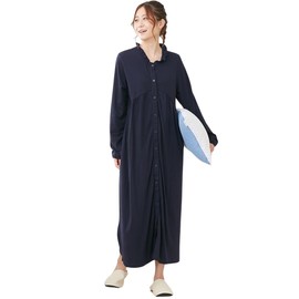 Nissen Maternity Sleepwear, Nightgown, Room, Dress, Long Sleeve, Pregnum and Postpartum Nursing Clothes, Open Front, Cotton Blend, Smooth, Gathered Switching, navy