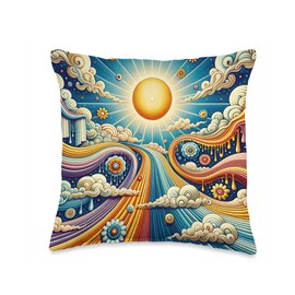 1960s Sunbeam and Floral Streams LTD 1960s Sunbeam and Floral Streams Vintage Art Throw Pillow, 16x16, Multicolor