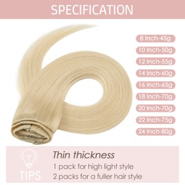 Silk-co Real Hair Extensions Hair Extensions Clip in Human Hair 8 Pieces Straight -Basic Thickness-Thin Weft- Remy Hair Extensions (18"-70g, 613 Bleach Blonde)