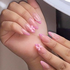Purple French tip Press on Nails, Medium Almond Nails,Pink Bow Pearl Design,Charms False Nails Glue on Nails French Nails Press ons Cute Bow Full Cover Stick on Nails for Women DIY Manicure 24Pcs