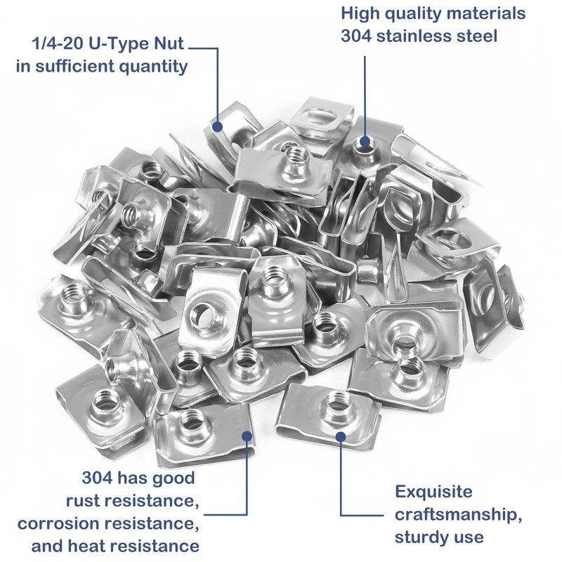 YUEARN 1/4"-20 U-Style Clip-On Nut, Stainless Steel Regular Extruded U-Nut,