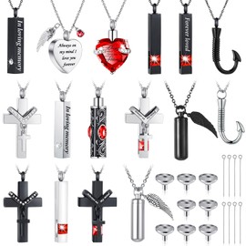 Huquary 16 Pcs Urn Necklace for Ashes Waterproof Stainless Steel Carved Ashes Locket with 8 Filling Kit Heart Cylinder Cross Cubic Fish Hook Jewelry for Ashes with Wing Diamond for Men Women (Red)