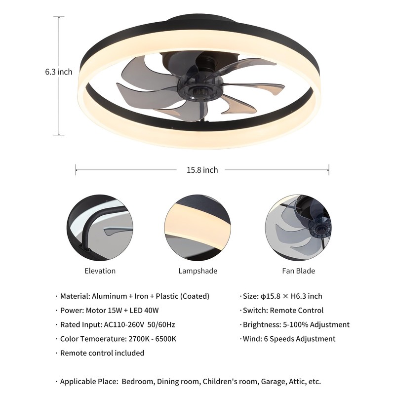PUSU 15.8" Low Profile LED Ceiling Fans with Light, Reversible