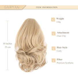 Gairyan 10" Clip in Ponytail Hair Extensions Curly Ponytail Extension Claw on Pony tails Wavy Synthetic Hairpieces for Women Real Natural Short Wave, Ash Blonde mix Bleach Blonde